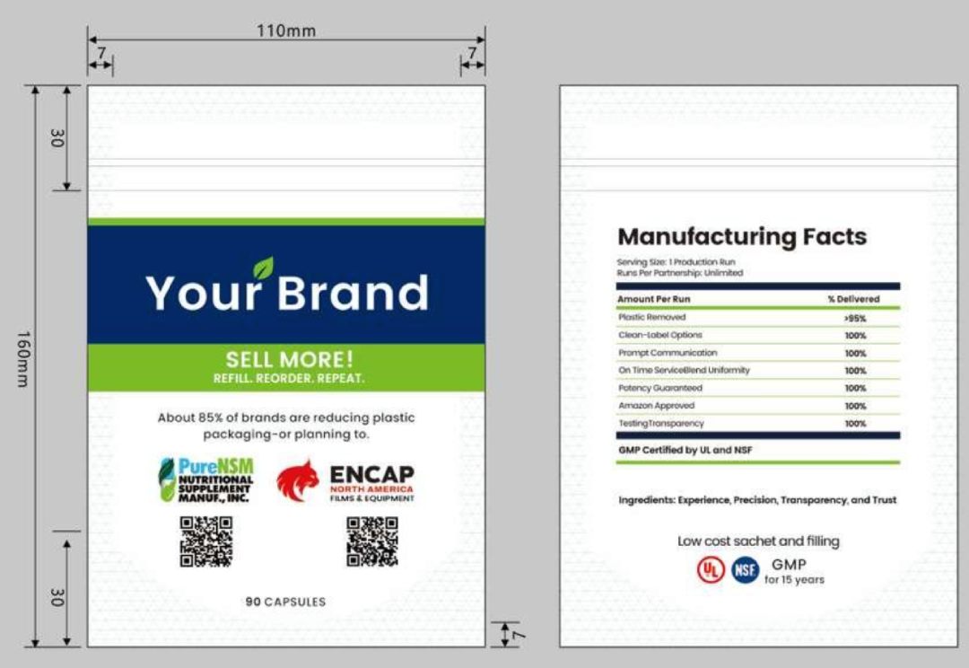 Refill sachet, front and back — same shelf-ready branding, a fraction of the plastic