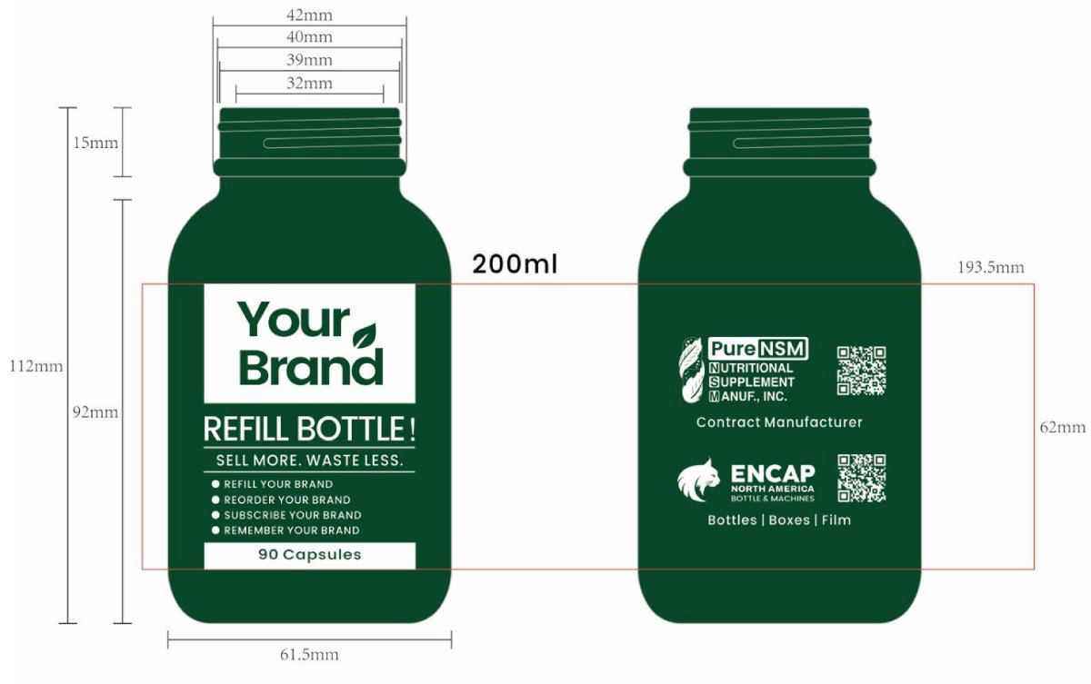The reusable bottle customers keep and refill—200 ml, co-branded with PureNSM and ENCAP North America.
